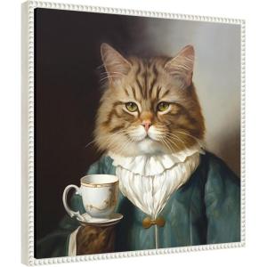 imageKate and Laurel Teacup Cat Framed Canvas Wall Art by The Creative Bunch Studio 22 x 22 Sylvie Beaded White Whimsical Animals Humor Art for Wall Decor Living Room Bedroom