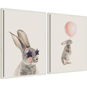 imageKate and Laurel The Bunny Star Glasses and The Bunny Pink Balloon Set of 2 18x24 Framed Canvas Wall Art Set by Iulia Emelianteva Julyartprints Sylvie Beaded White Whimsical Animals Kids