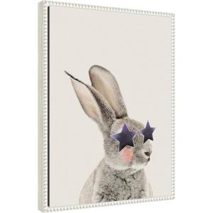 imageKate and Laurel The Bunny in Star Shaped Glasses Framed Canvas Wall Art by July Art Prints 18 x 24 Sylvie Beaded White Whimsical Animals Humor Art for Wall Decor Living Room