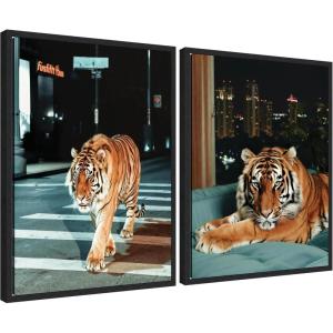 imageKate and Laurel Tiger in the City at Night Set of 2 18x24 Framed Canvas Wall Art Set by Michael Schauer Sylvie Black Industrial Urban Animals Cityscapes Art for Wall Decor Living Room