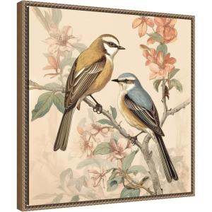 imageKate and Laurel Vintage Style Birds and Botanicals Framed Canvas Wall Art by The Creative Bunch Studio 22 x 22 Sylvie Beaded White Traditional Animals Nature Flowers Art for Wall Decor LivingBeaded Gold