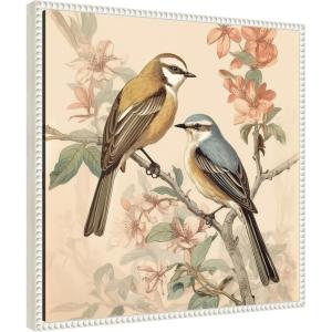 imageKate and Laurel Vintage Style Birds and Botanicals Framed Canvas Wall Art by The Creative Bunch Studio 22 x 22 Sylvie Beaded White Traditional Animals Nature Flowers Art for Wall Decor LivingBeaded White