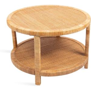 imageKate and Laurel Rafina Coastal Round Rattan Coffee Table 28 x 28 x 18 Natural Brown Transitional Boho Circle Woven Rattan Living Room Coffee Table with Storage Shelf Below