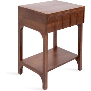 imageKate and Laurel Archvale Modern Mango Wood Side Table with Storage Drawer 18 x 14 x 24 Walnut Brown Transitional Carved Wood End Table with Drawer and Bonus Shelf Below for Bedroom Nightstand