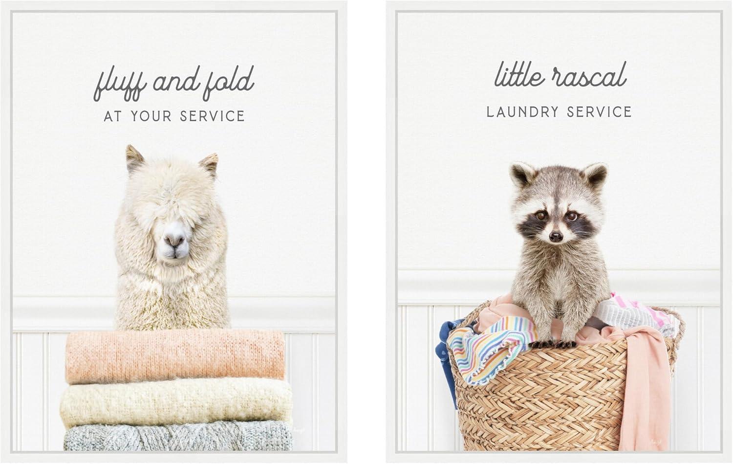 imageKate and Laurel Alpaca Fluff Fold and Racoon Little Rascal Laundry Set of 2 18x24 Framed Canvas Wall Art Set by Amy Peterson Sylvie White Whimsical Animals Humor Animals Laundry Art for Wall