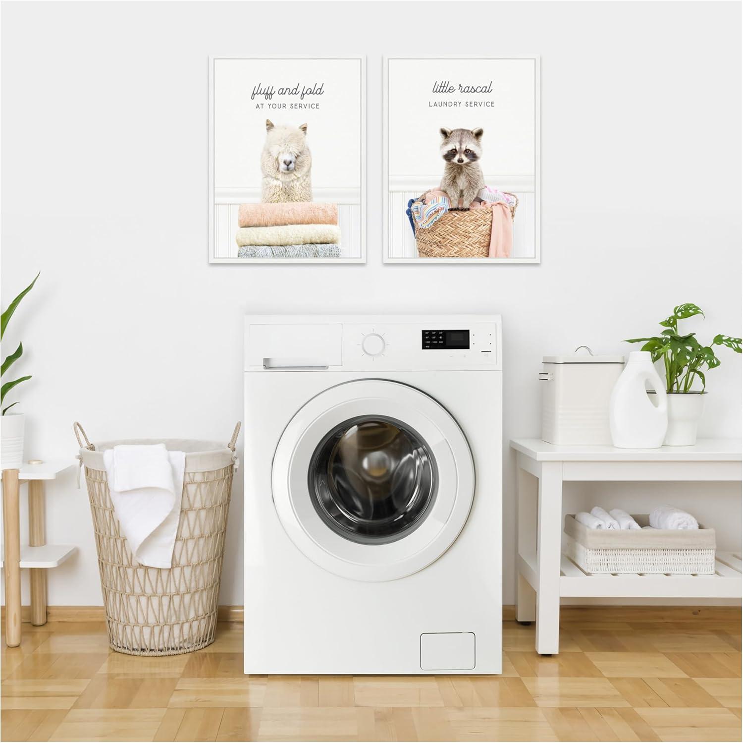 imageKate and Laurel Alpaca Fluff Fold and Racoon Little Rascal Laundry Set of 2 18x24 Framed Canvas Wall Art Set by Amy Peterson Sylvie White Whimsical Animals Humor Animals Laundry Art for Wall