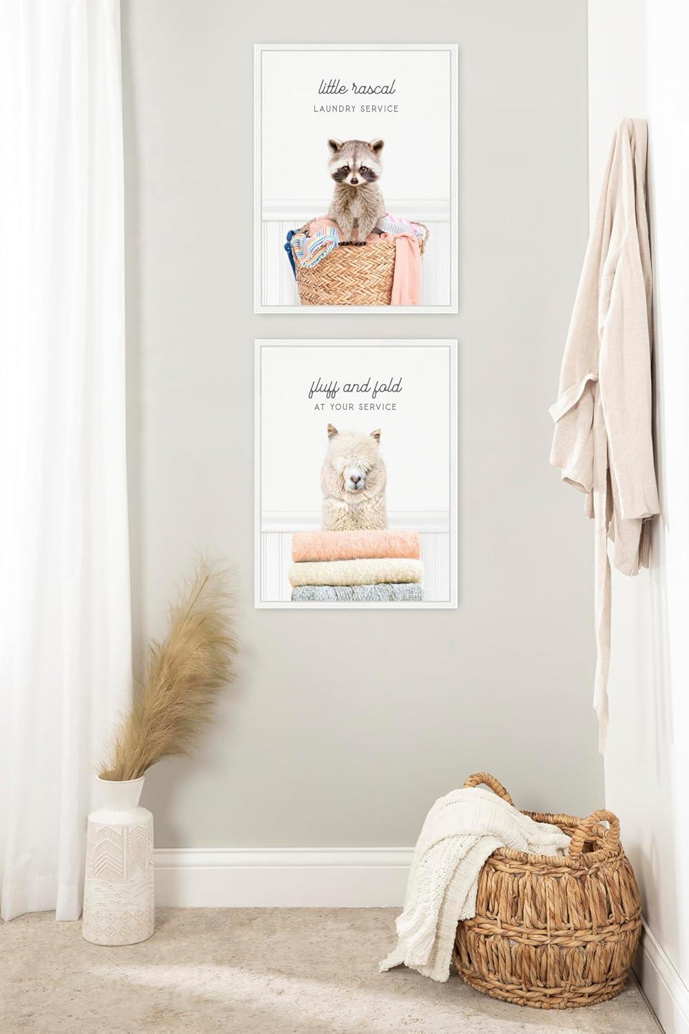 imageKate and Laurel Alpaca Fluff Fold and Racoon Little Rascal Laundry Set of 2 18x24 Framed Canvas Wall Art Set by Amy Peterson Sylvie White Whimsical Animals Humor Animals Laundry Art for Wall