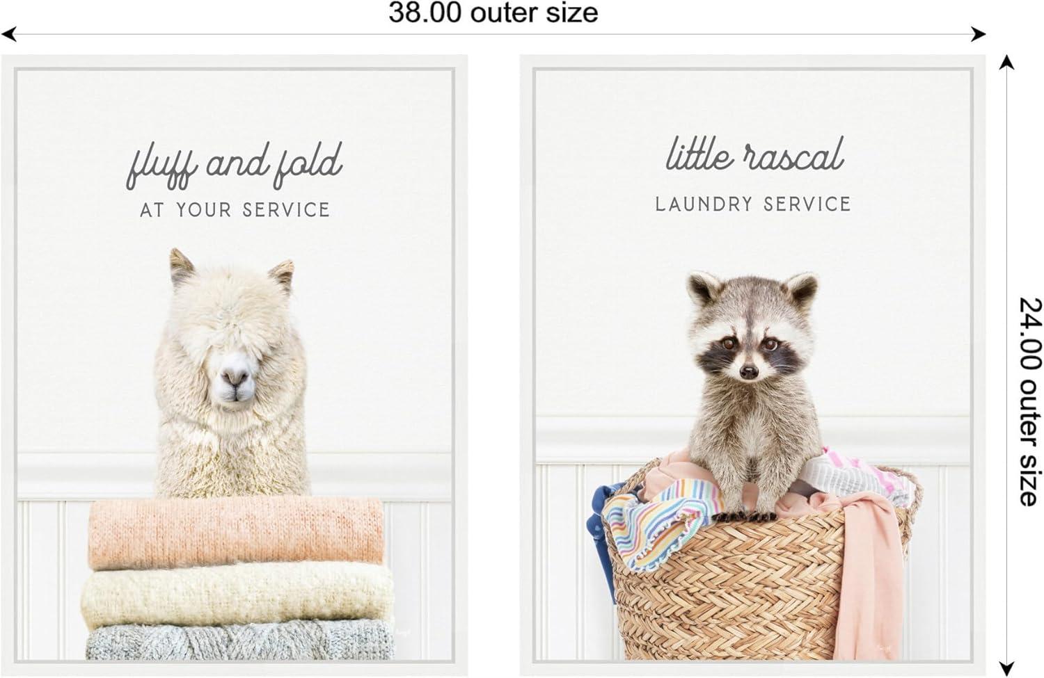 imageKate and Laurel Alpaca Fluff Fold and Racoon Little Rascal Laundry Set of 2 18x24 Framed Canvas Wall Art Set by Amy Peterson Sylvie White Whimsical Animals Humor Animals Laundry Art for Wall
