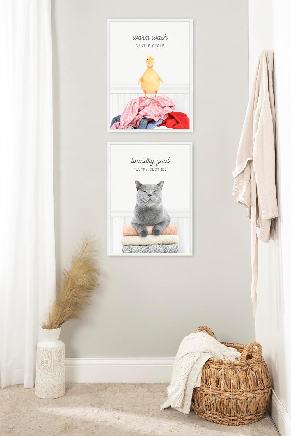 imageKate and Laurel Cat Laundry Goals and Ducky Gentle Cycle Set of 2 18x24 Framed Canvas Wall Art Set by Amy Peterson Sylvie White Whimsical Animals Humor Humor Animals Art for Wall Decor
