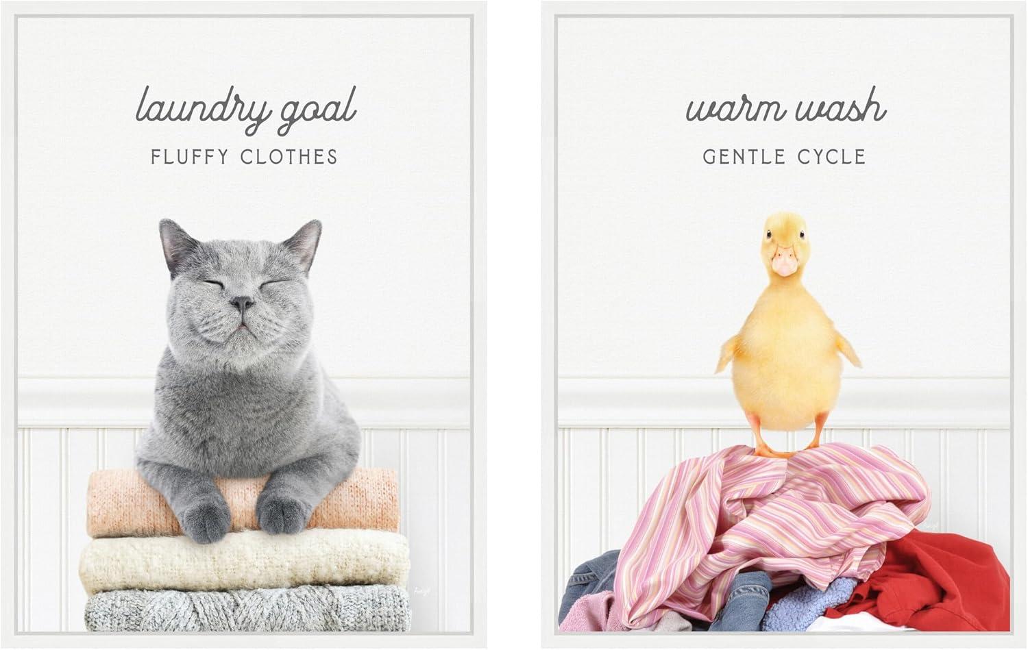 imageKate and Laurel Cat Laundry Goals and Ducky Gentle Cycle Set of 2 18x24 Framed Canvas Wall Art Set by Amy Peterson Sylvie White Whimsical Animals Humor Humor Animals Art for Wall Decor
