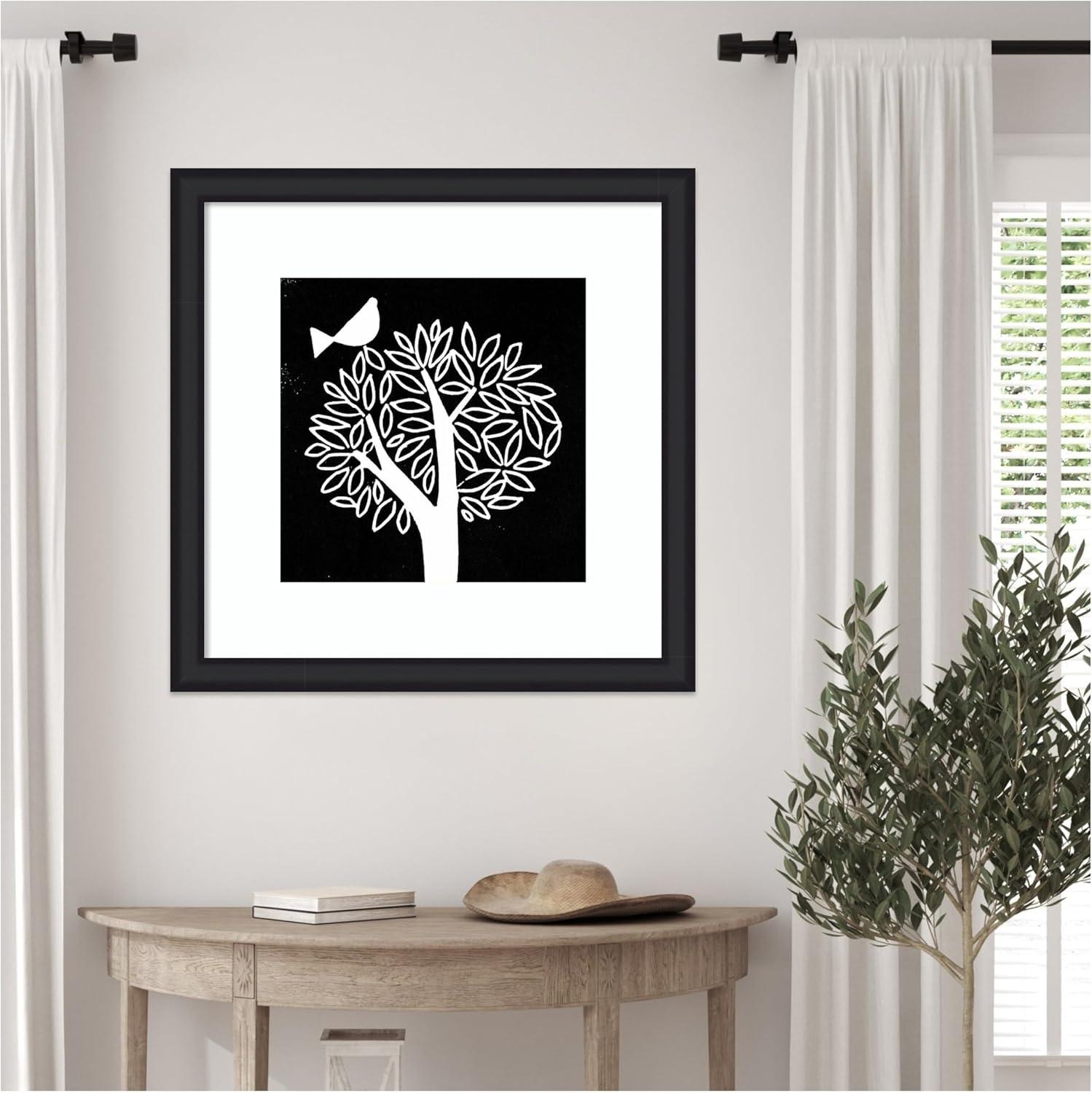 imageKate and Laurel Framed Wall Art Print Black and White Bird Tree Linocut by Giuliana Lazzerini Lazzerini 35 x 35 Oliver Black Narrow Frame Modern Contemporary Animals Nature Art for Wall Decor27L x 27W