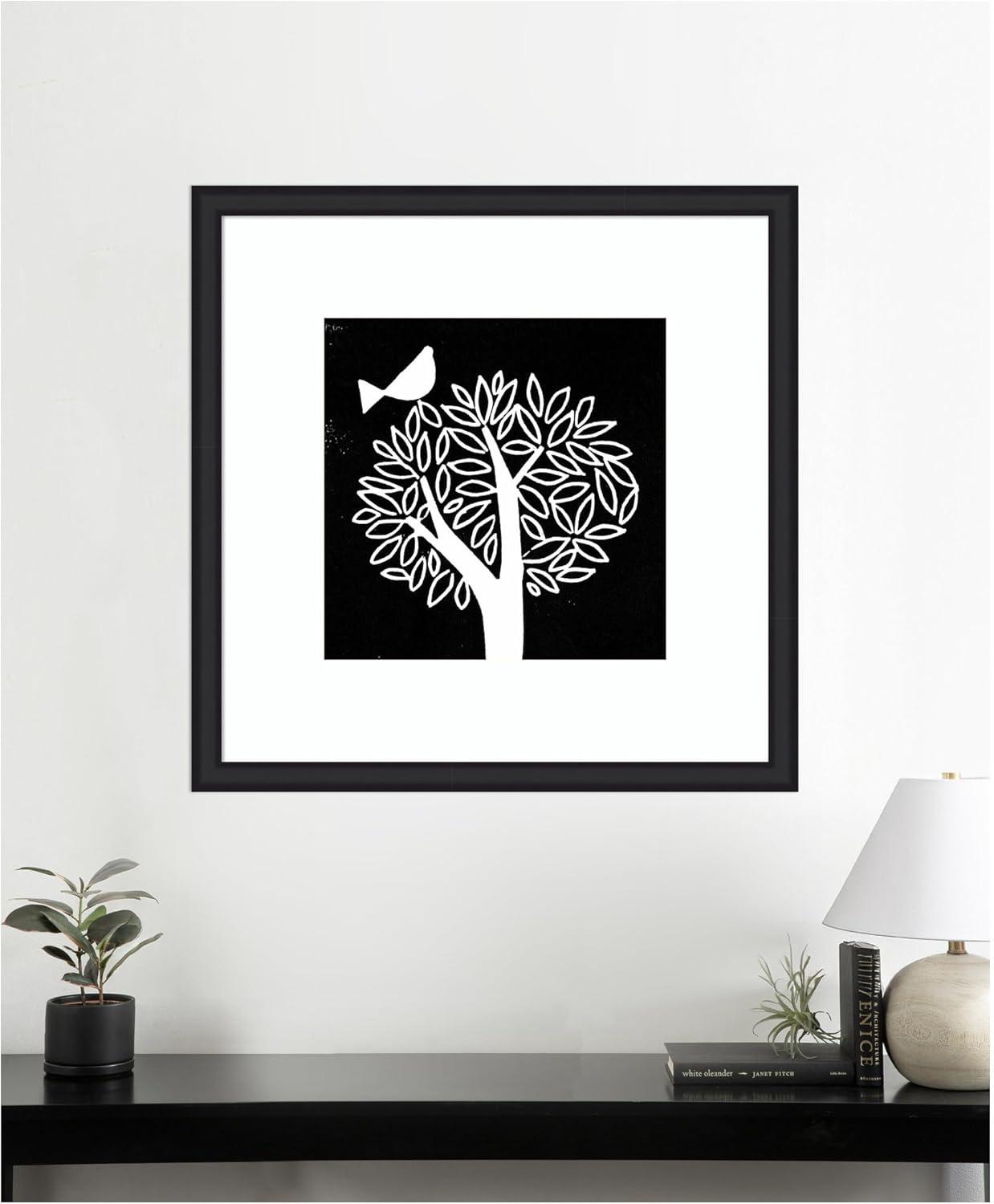 imageKate and Laurel Framed Wall Art Print Black and White Bird Tree Linocut by Giuliana Lazzerini Lazzerini 35 x 35 Oliver Black Narrow Frame Modern Contemporary Animals Nature Art for Wall Decor35L x 35W