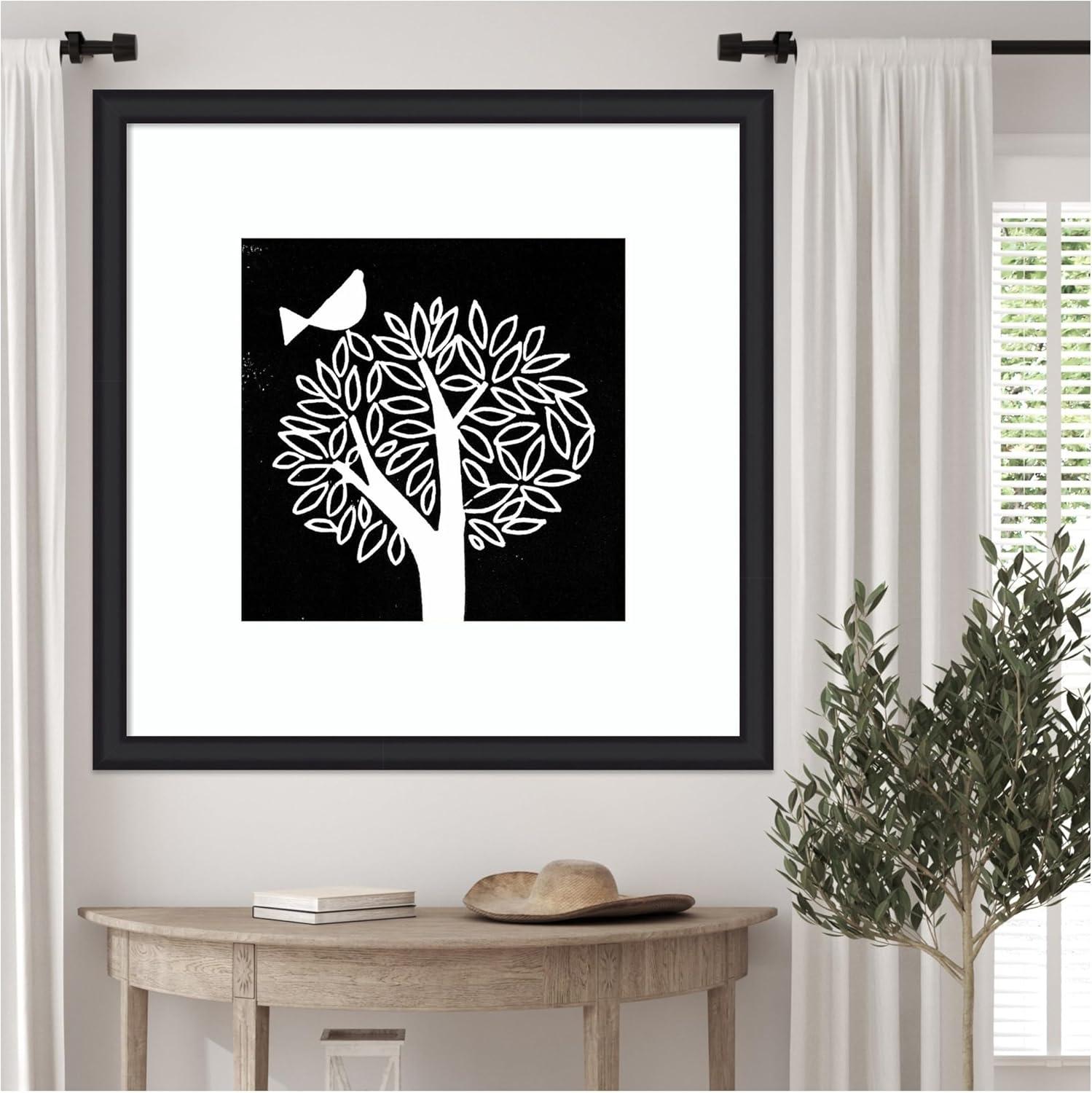 imageKate and Laurel Framed Wall Art Print Black and White Bird Tree Linocut by Giuliana Lazzerini Lazzerini 35 x 35 Oliver Black Narrow Frame Modern Contemporary Animals Nature Art for Wall Decor35L x 35W