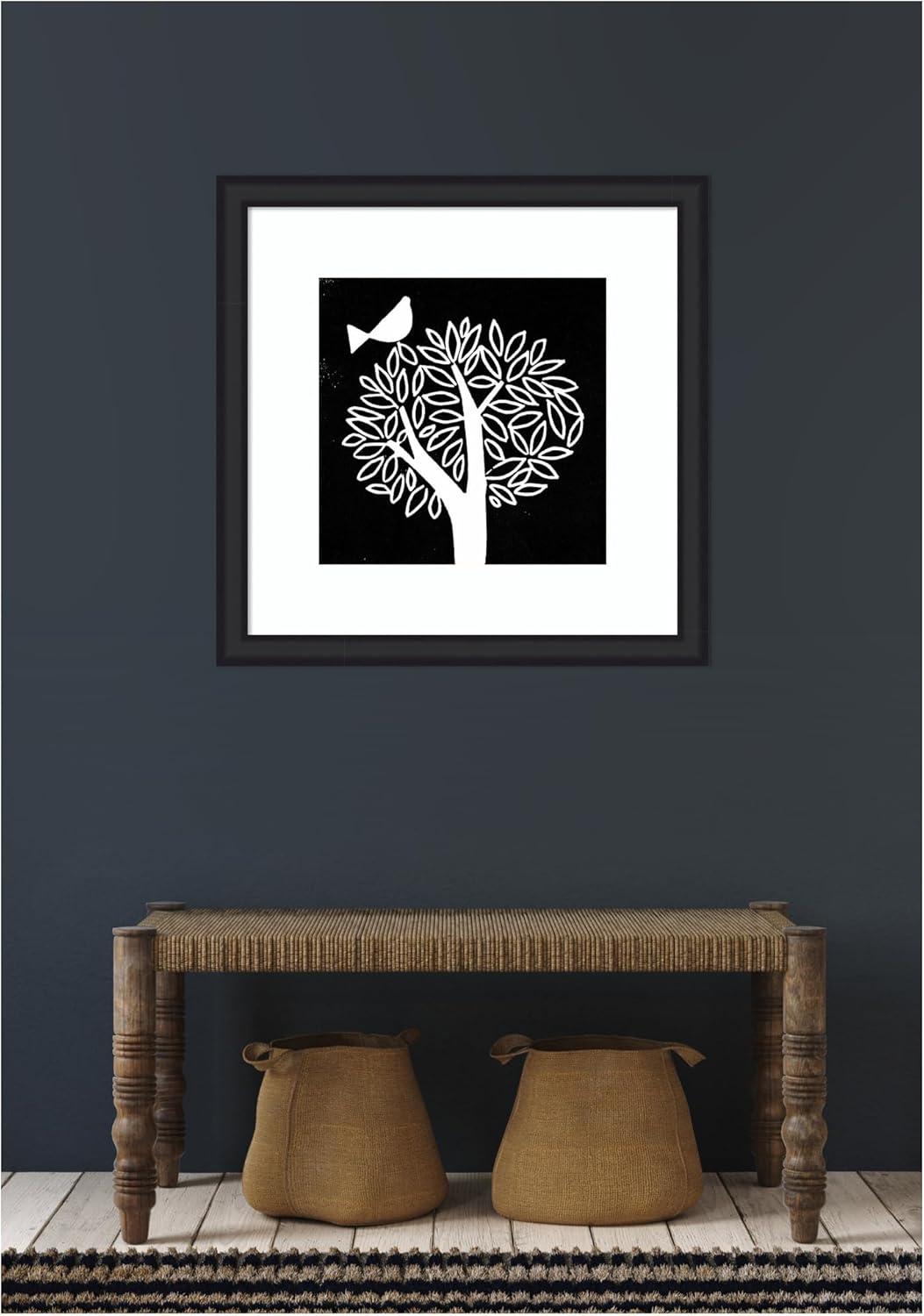 imageKate and Laurel Framed Wall Art Print Black and White Bird Tree Linocut by Giuliana Lazzerini Lazzerini 35 x 35 Oliver Black Narrow Frame Modern Contemporary Animals Nature Art for Wall Decor27L x 27W