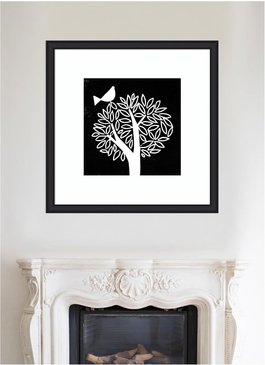 imageKate and Laurel Framed Wall Art Print Black and White Bird Tree Linocut by Giuliana Lazzerini Lazzerini 35 x 35 Oliver Black Narrow Frame Modern Contemporary Animals Nature Art for Wall Decor35L x 35W