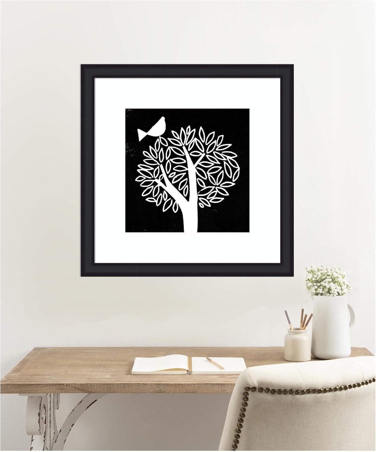 imageKate and Laurel Framed Wall Art Print Black and White Bird Tree Linocut by Giuliana Lazzerini Lazzerini 35 x 35 Oliver Black Narrow Frame Modern Contemporary Animals Nature Art for Wall Decor27L x 27W