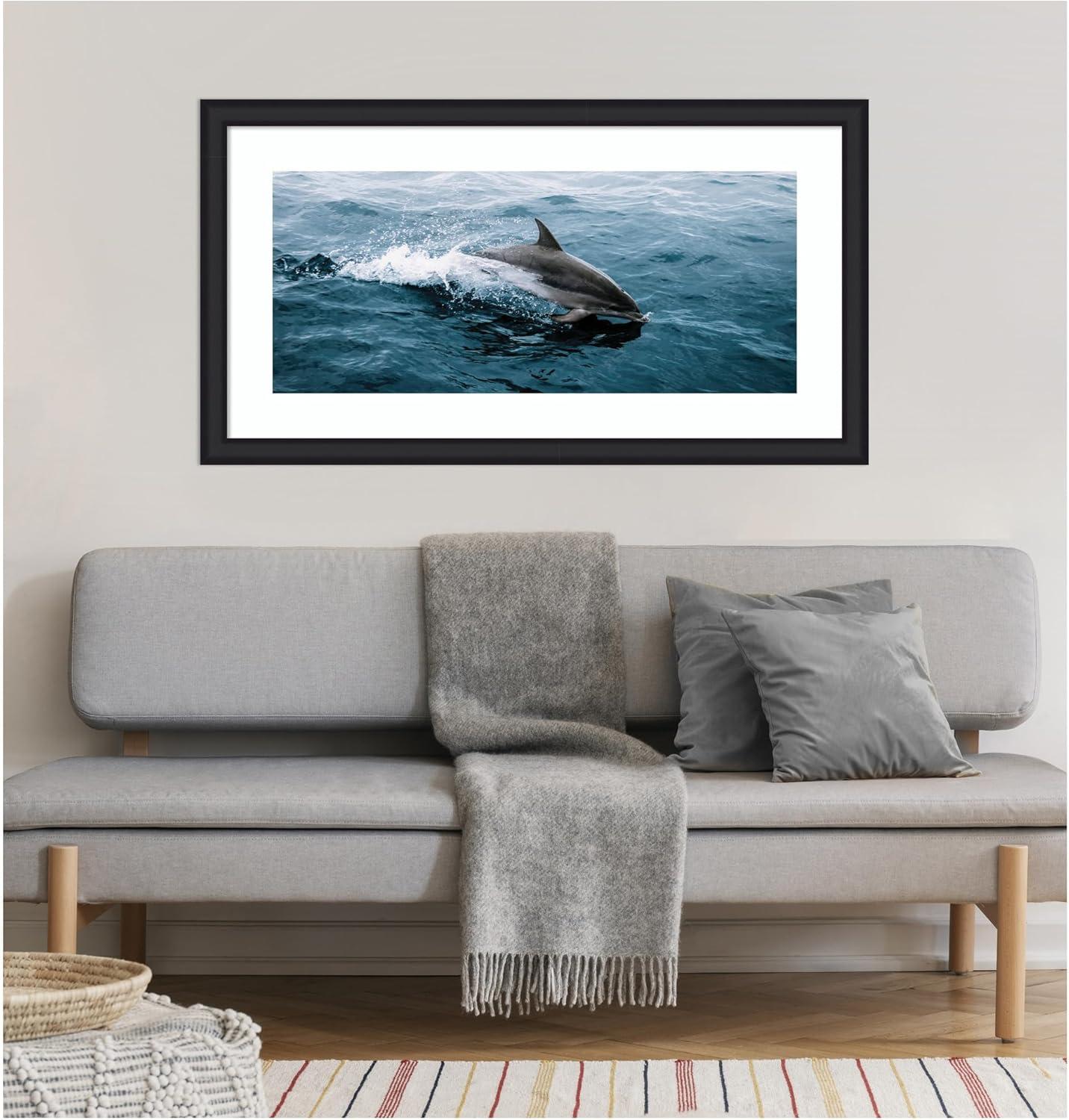 imageKate and Laurel Framed Wall Art Print Dolphin Skipping along in the Ocean Panel by Michael Schauer 43 x 24 Oliver White Narrow Frame Coastal Animals Beach Landscapes Art for Wall Decor43L x 24W