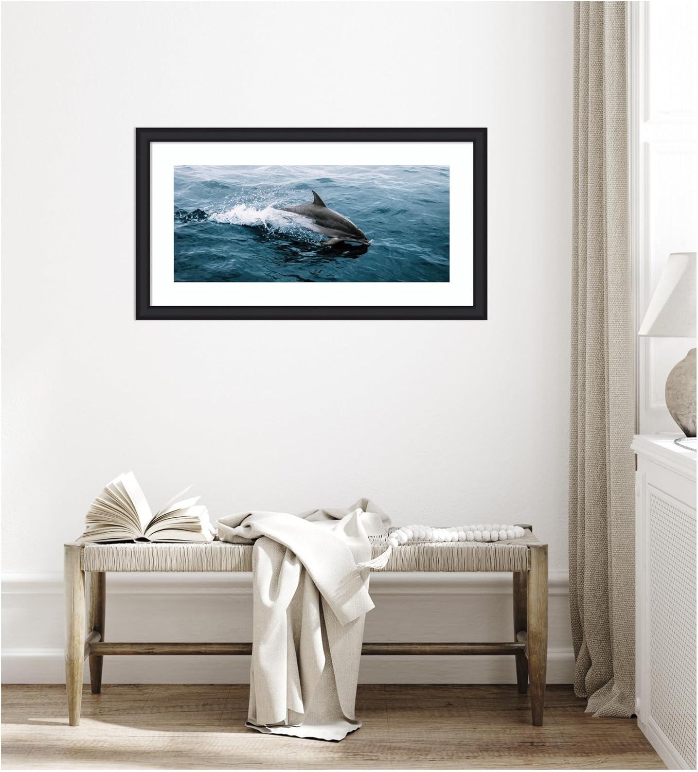 imageKate and Laurel Framed Wall Art Print Dolphin Skipping along in the Ocean Panel by Michael Schauer 43 x 24 Oliver White Narrow Frame Coastal Animals Beach Landscapes Art for Wall Decor43L x 24W