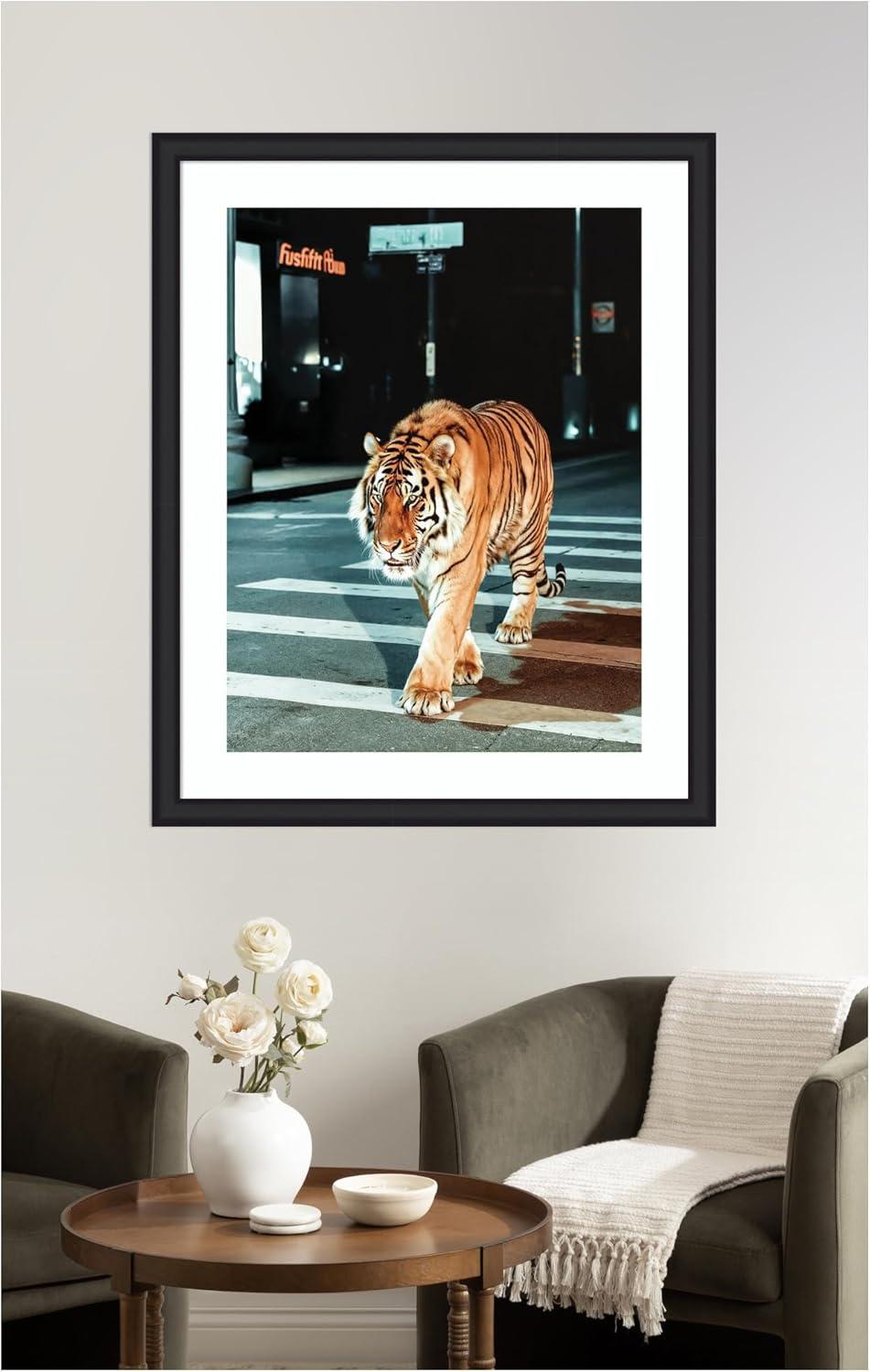 imageKate and Laurel Framed Wall Art Print Tiger in the City at Night 2 by Michael Schauer 34 x 42 Florence Medium Brown Frame Industrial Urban Animals Cityscapes Art for Wall Decor43L x 35W
