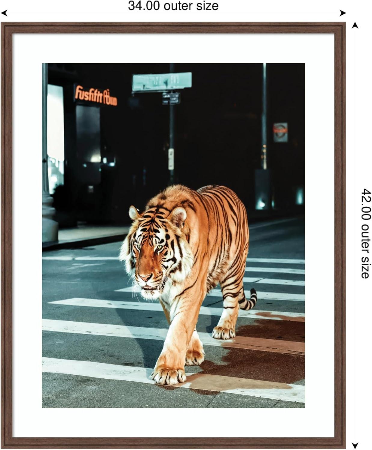 imageKate and Laurel Framed Wall Art Print Tiger in the City at Night 2 by Michael Schauer 34 x 42 Florence Medium Brown Frame Industrial Urban Animals Cityscapes Art for Wall Decor42L x 34W