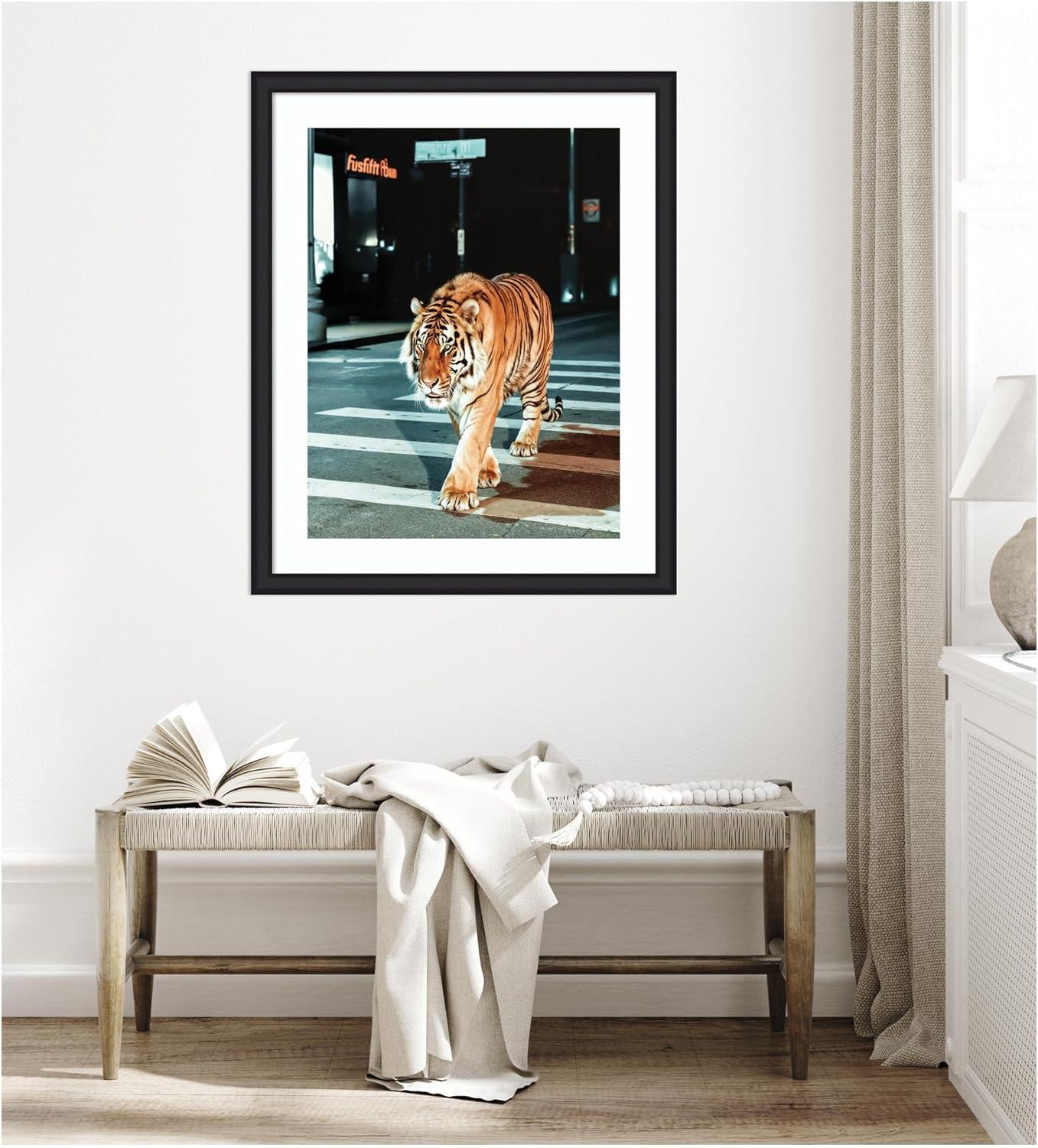 imageKate and Laurel Framed Wall Art Print Tiger in the City at Night 2 by Michael Schauer 34 x 42 Florence Medium Brown Frame Industrial Urban Animals Cityscapes Art for Wall Decor43L x 35W