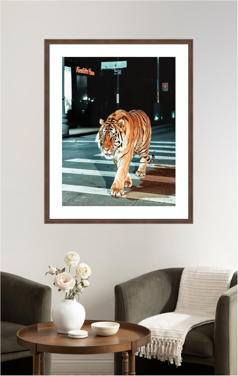 imageKate and Laurel Framed Wall Art Print Tiger in the City at Night 2 by Michael Schauer 34 x 42 Florence Medium Brown Frame Industrial Urban Animals Cityscapes Art for Wall Decor42L x 34W
