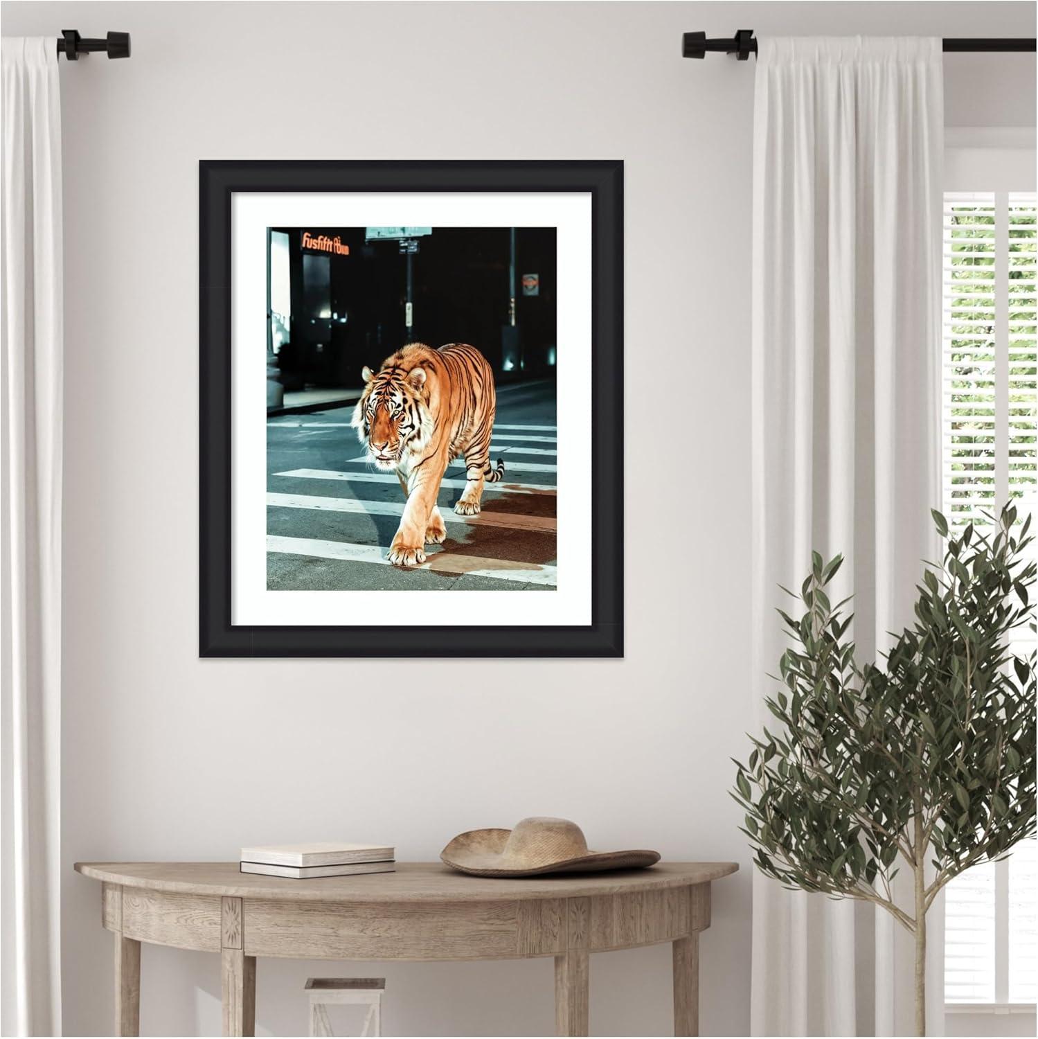 imageKate and Laurel Framed Wall Art Print Tiger in the City at Night 2 by Michael Schauer 34 x 42 Florence Medium Brown Frame Industrial Urban Animals Cityscapes Art for Wall Decor27L x 23W
