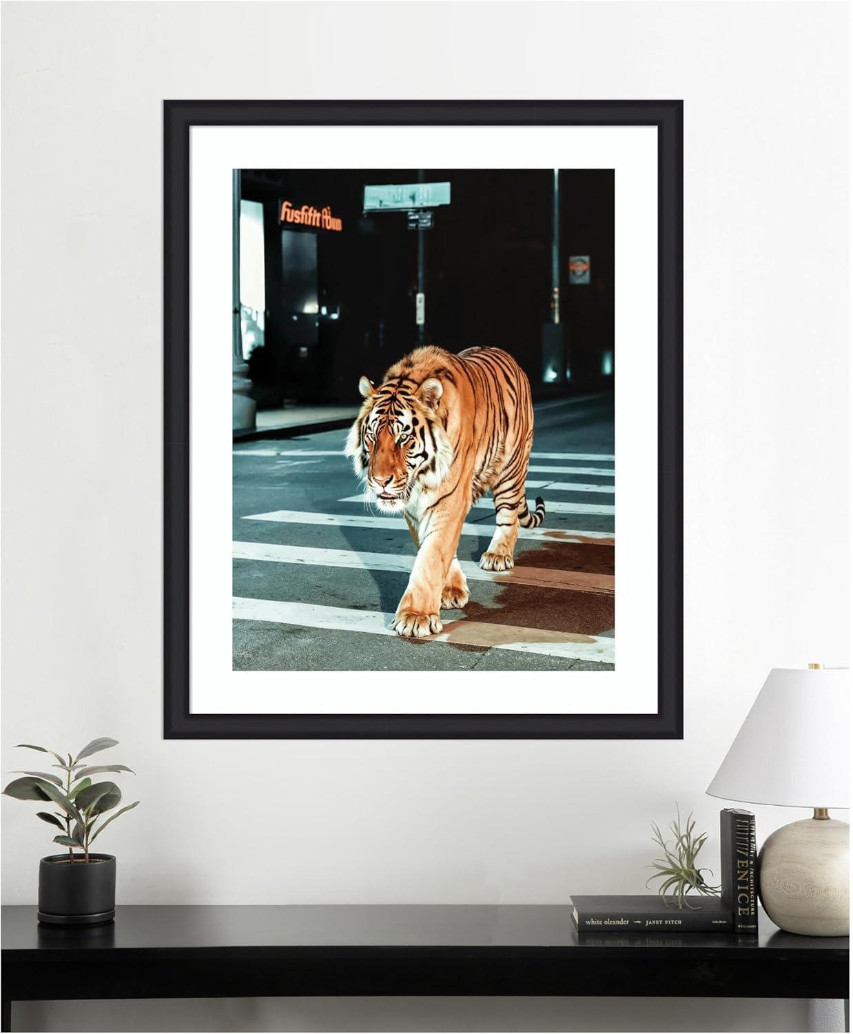 imageKate and Laurel Framed Wall Art Print Tiger in the City at Night 2 by Michael Schauer 34 x 42 Florence Medium Brown Frame Industrial Urban Animals Cityscapes Art for Wall Decor43L x 35W