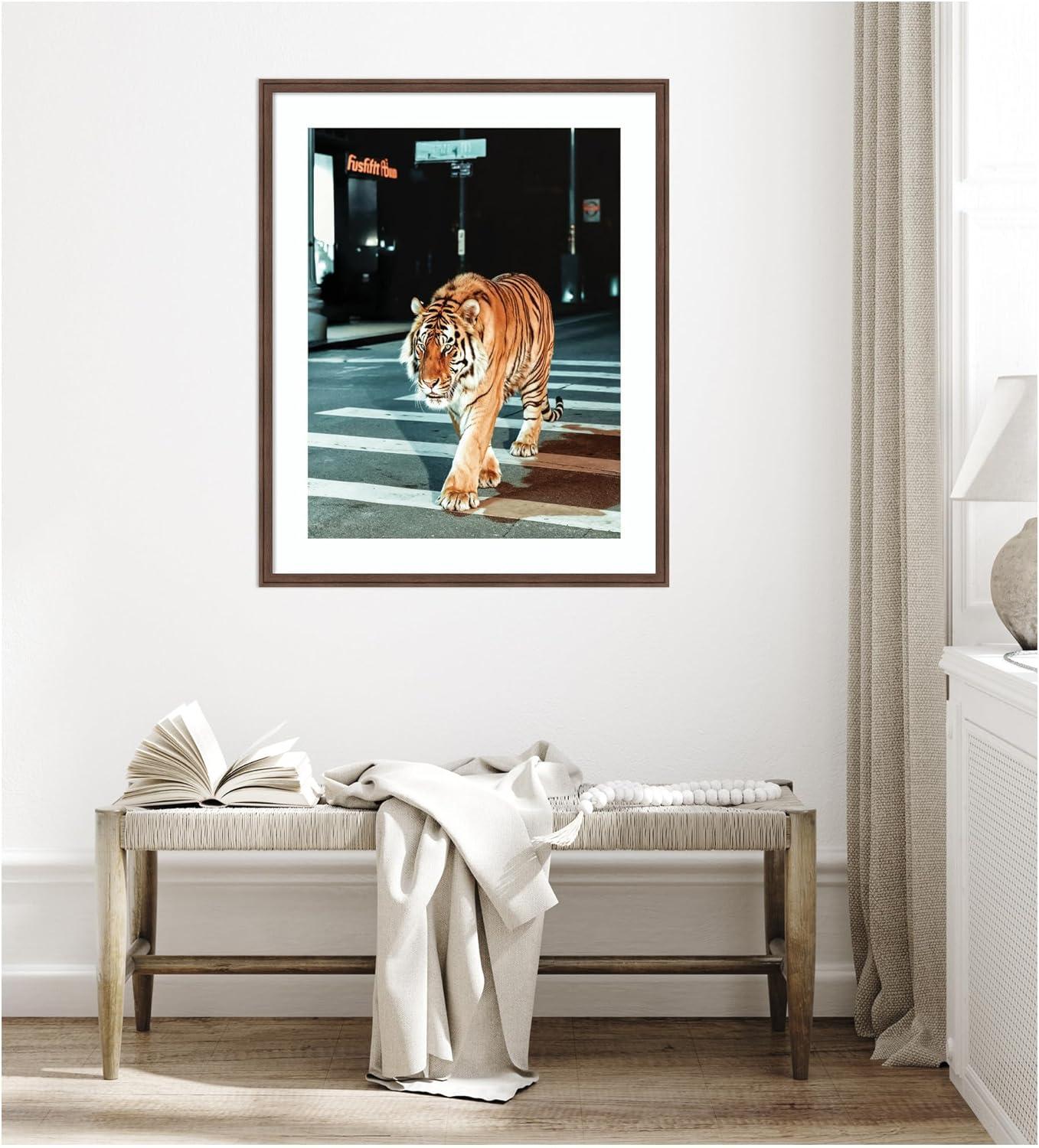 imageKate and Laurel Framed Wall Art Print Tiger in the City at Night 2 by Michael Schauer 34 x 42 Florence Medium Brown Frame Industrial Urban Animals Cityscapes Art for Wall Decor42L x 34W