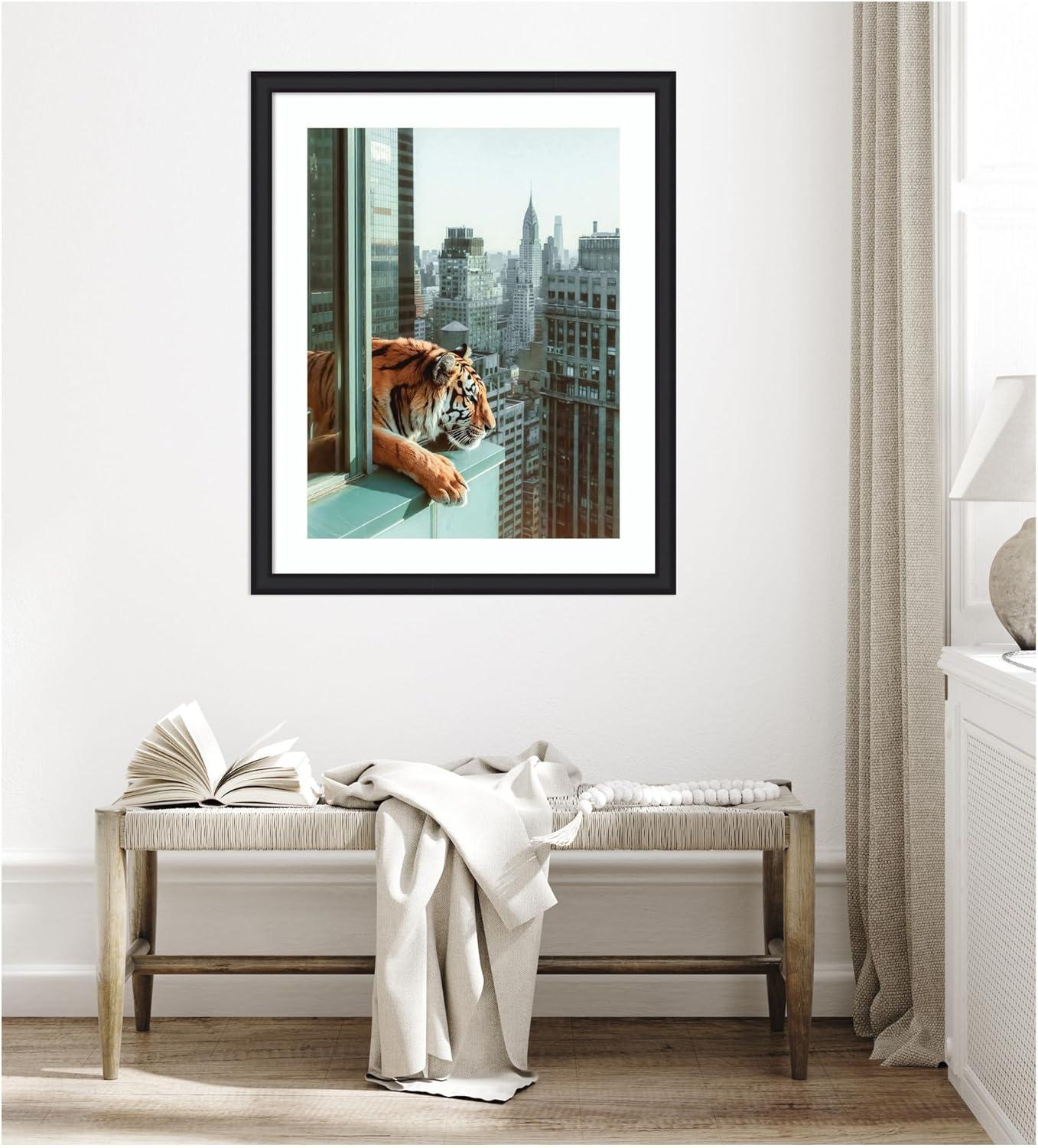 imageKate and Laurel Framed Wall Art Print Urban Tiger Overlooking Manhattan by Michael Schauer 35 x 43 Oliver Black Narrow Frame Industrial Urban Animals Cityscapes Art for Wall Decor43L x 35W