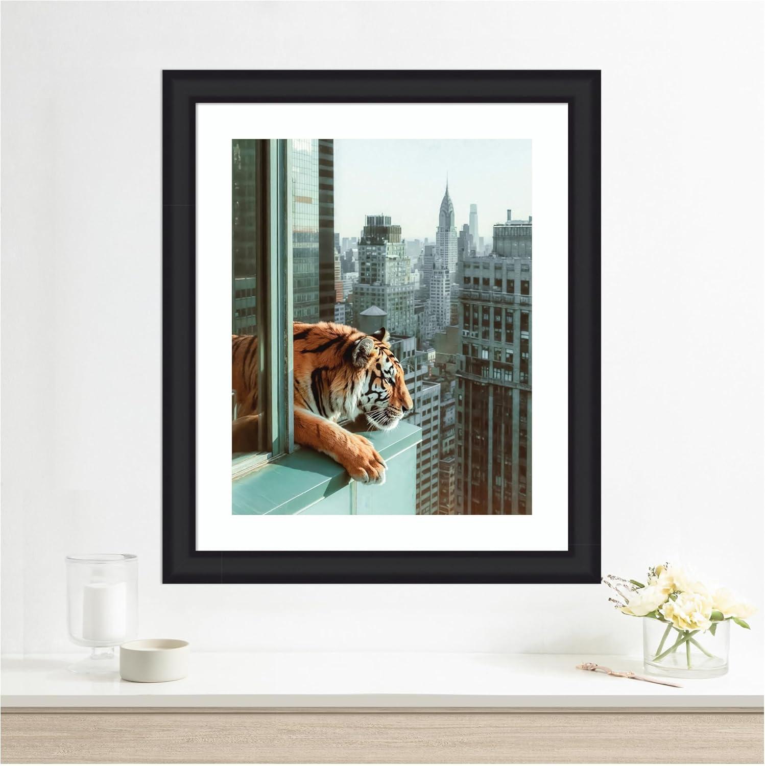 imageKate and Laurel Framed Wall Art Print Urban Tiger Overlooking Manhattan by Michael Schauer 35 x 43 Oliver Black Narrow Frame Industrial Urban Animals Cityscapes Art for Wall Decor27L x 23W