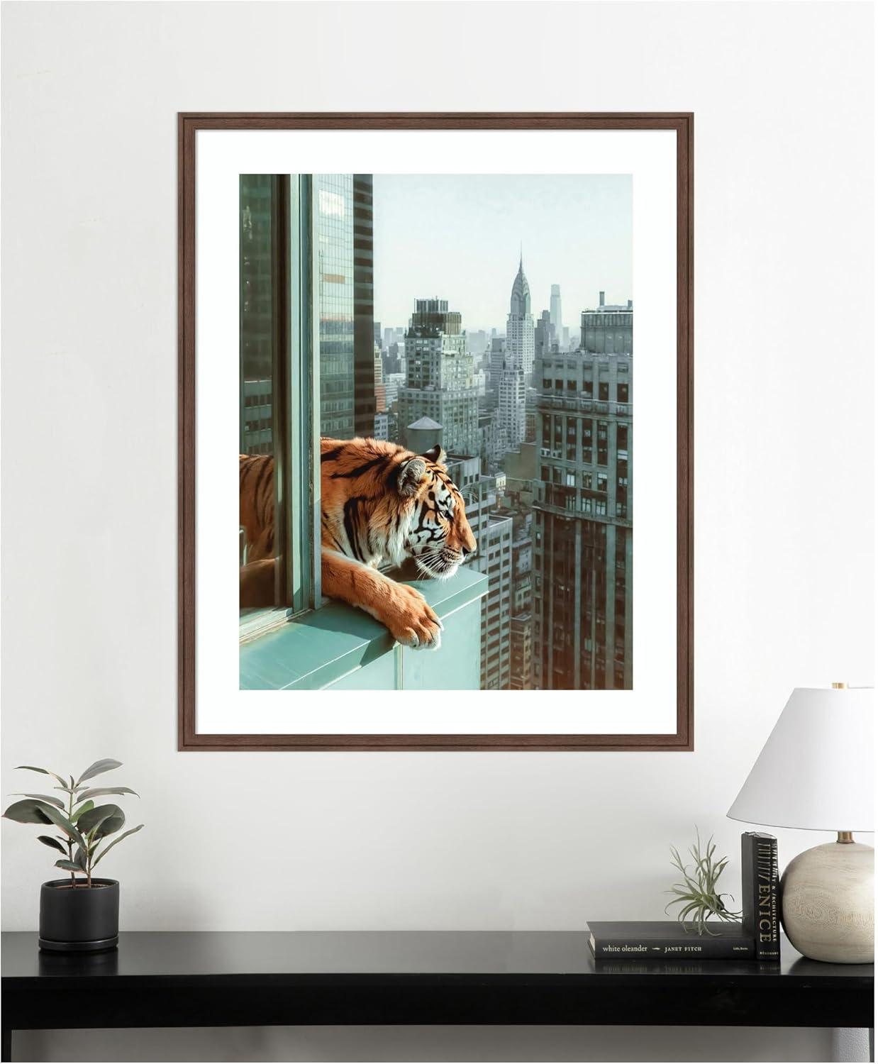 imageKate and Laurel Framed Wall Art Print Urban Tiger Overlooking Manhattan by Michael Schauer 35 x 43 Oliver Black Narrow Frame Industrial Urban Animals Cityscapes Art for Wall Decor42L x 34W