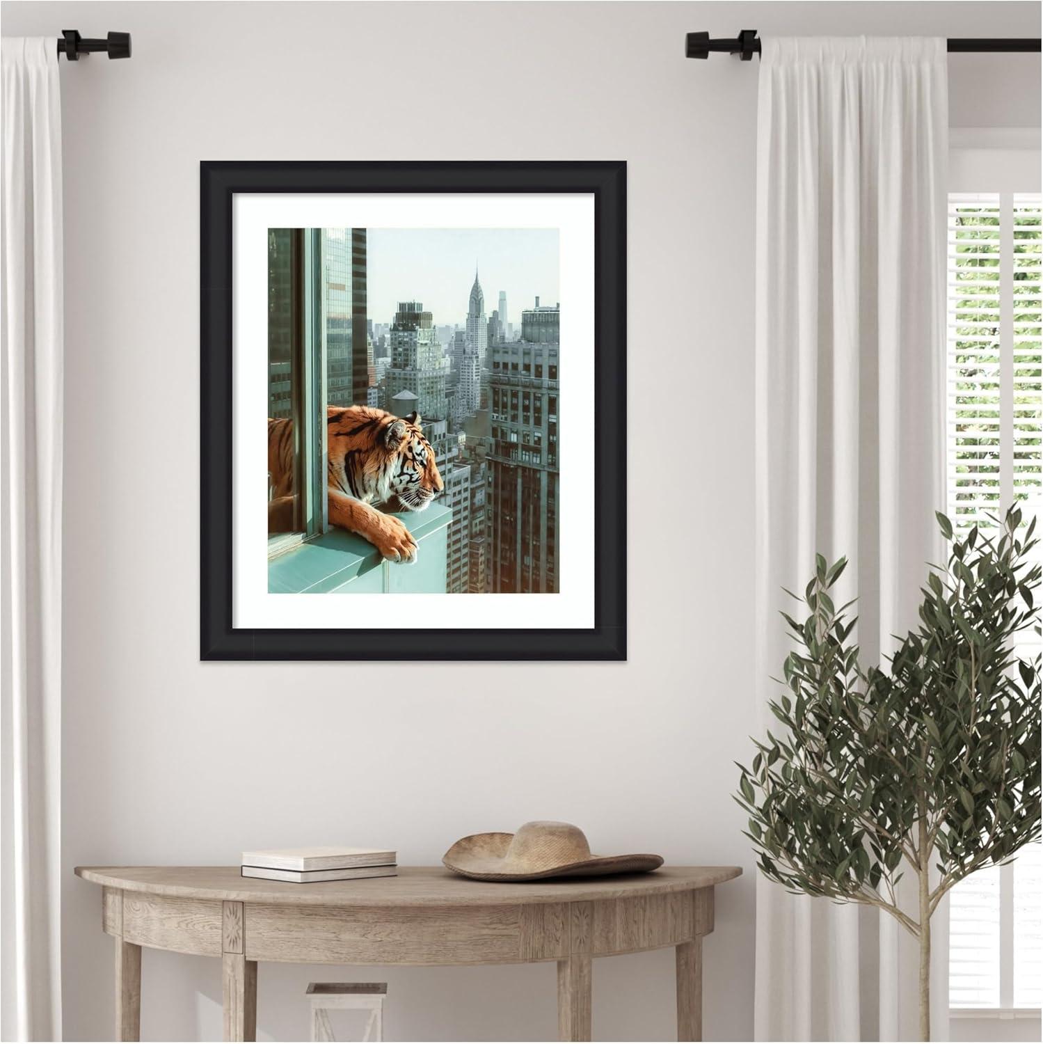 imageKate and Laurel Framed Wall Art Print Urban Tiger Overlooking Manhattan by Michael Schauer 35 x 43 Oliver Black Narrow Frame Industrial Urban Animals Cityscapes Art for Wall Decor27L x 23W