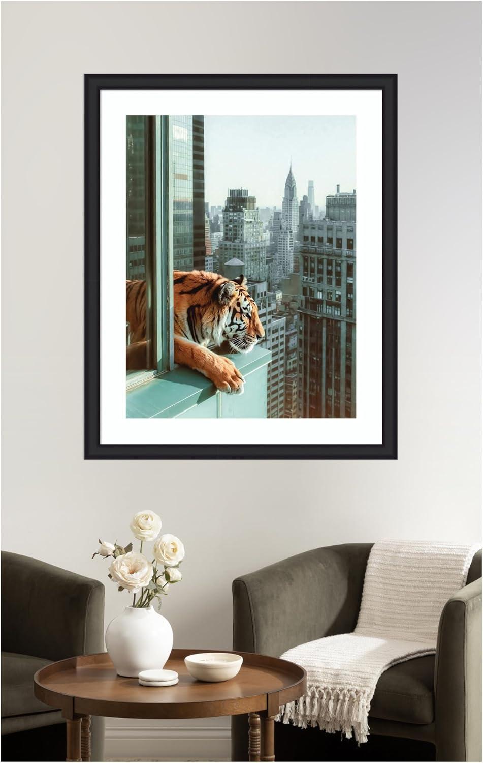 imageKate and Laurel Framed Wall Art Print Urban Tiger Overlooking Manhattan by Michael Schauer 35 x 43 Oliver Black Narrow Frame Industrial Urban Animals Cityscapes Art for Wall Decor43L x 35W