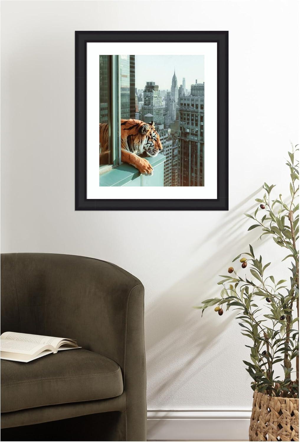 imageKate and Laurel Framed Wall Art Print Urban Tiger Overlooking Manhattan by Michael Schauer 35 x 43 Oliver Black Narrow Frame Industrial Urban Animals Cityscapes Art for Wall Decor27L x 23W