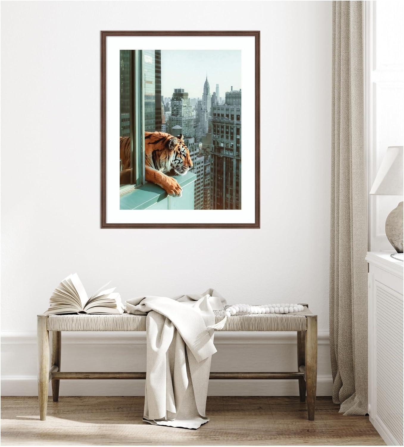 imageKate and Laurel Framed Wall Art Print Urban Tiger Overlooking Manhattan by Michael Schauer 35 x 43 Oliver Black Narrow Frame Industrial Urban Animals Cityscapes Art for Wall Decor42L x 34W