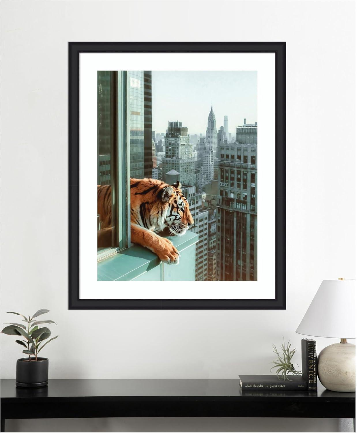 imageKate and Laurel Framed Wall Art Print Urban Tiger Overlooking Manhattan by Michael Schauer 35 x 43 Oliver Black Narrow Frame Industrial Urban Animals Cityscapes Art for Wall Decor43L x 35W