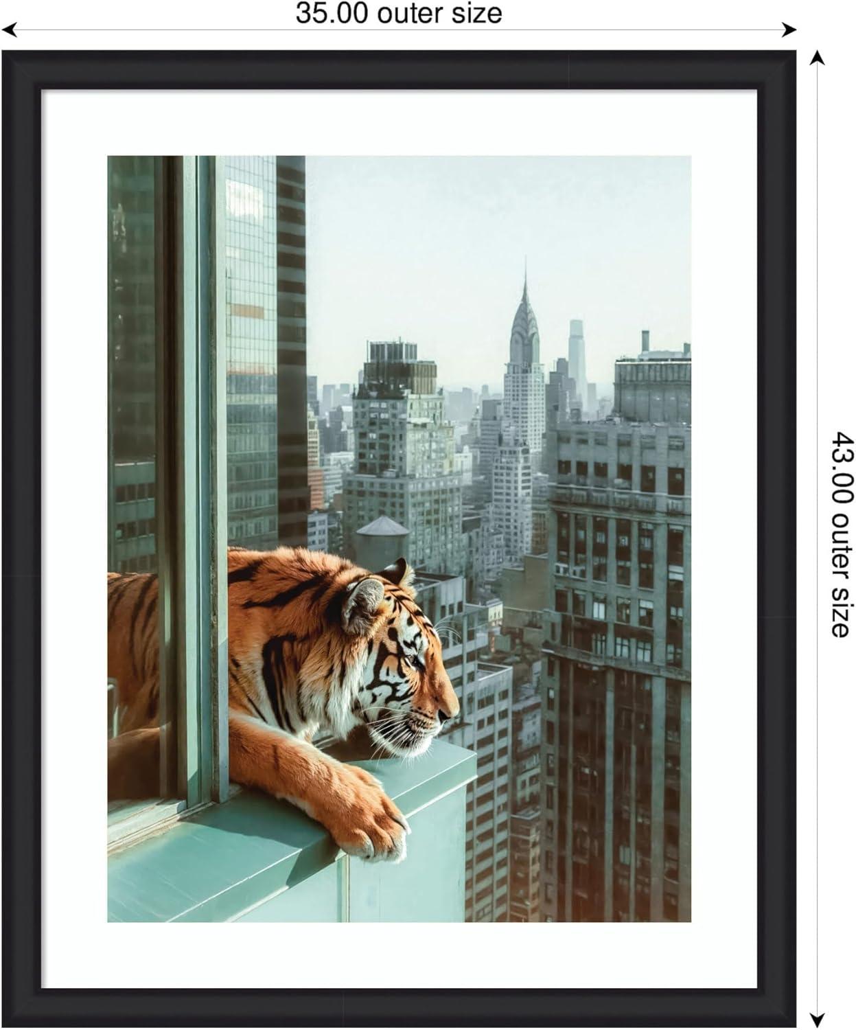 imageKate and Laurel Framed Wall Art Print Urban Tiger Overlooking Manhattan by Michael Schauer 35 x 43 Oliver Black Narrow Frame Industrial Urban Animals Cityscapes Art for Wall Decor43L x 35W