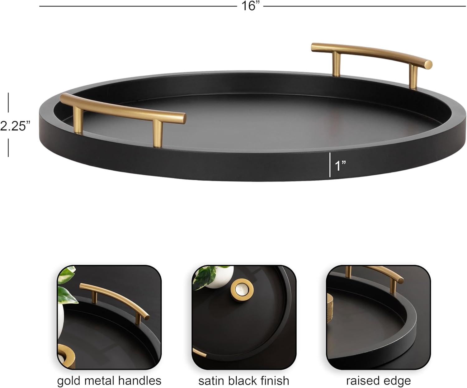 imageKate and Laurel Halsey Decorative Wooden Round Tray with Polished Metal Handles 16 Inch Diameter Black and Gold Modern Glam Wood Circle Serving Tray for Use as Ottoman or Coffee Table DecorBlackGold
