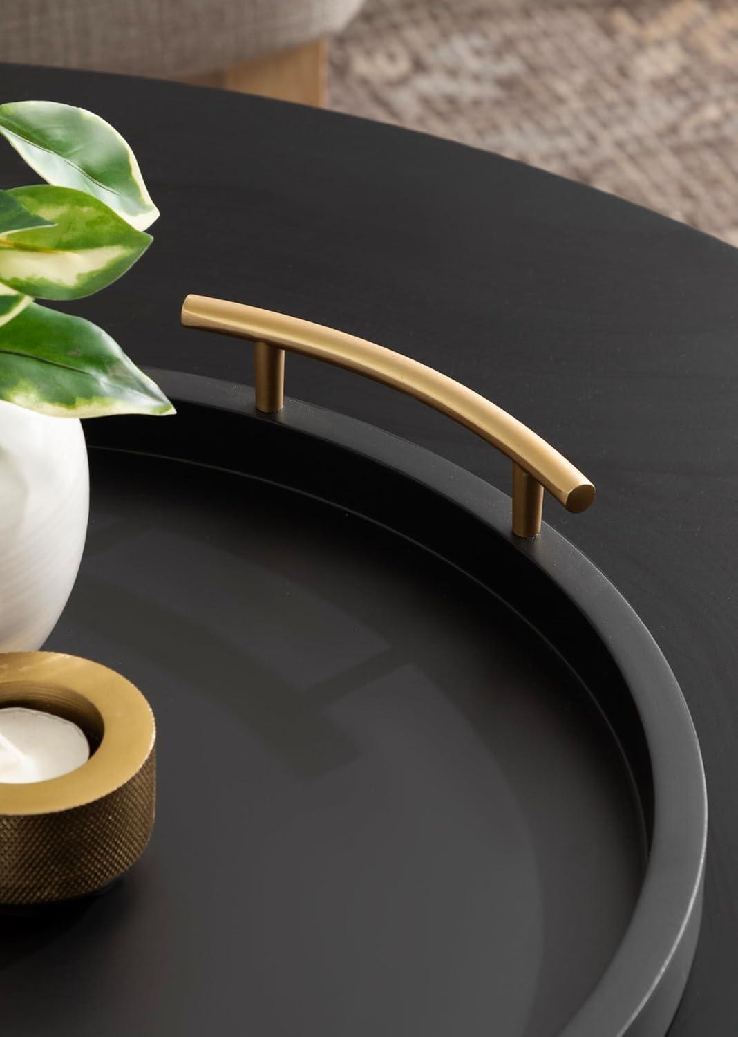 imageKate and Laurel Halsey Decorative Wooden Round Tray with Polished Metal Handles 16 Inch Diameter Black and Gold Modern Glam Wood Circle Serving Tray for Use as Ottoman or Coffee Table DecorBlackGold