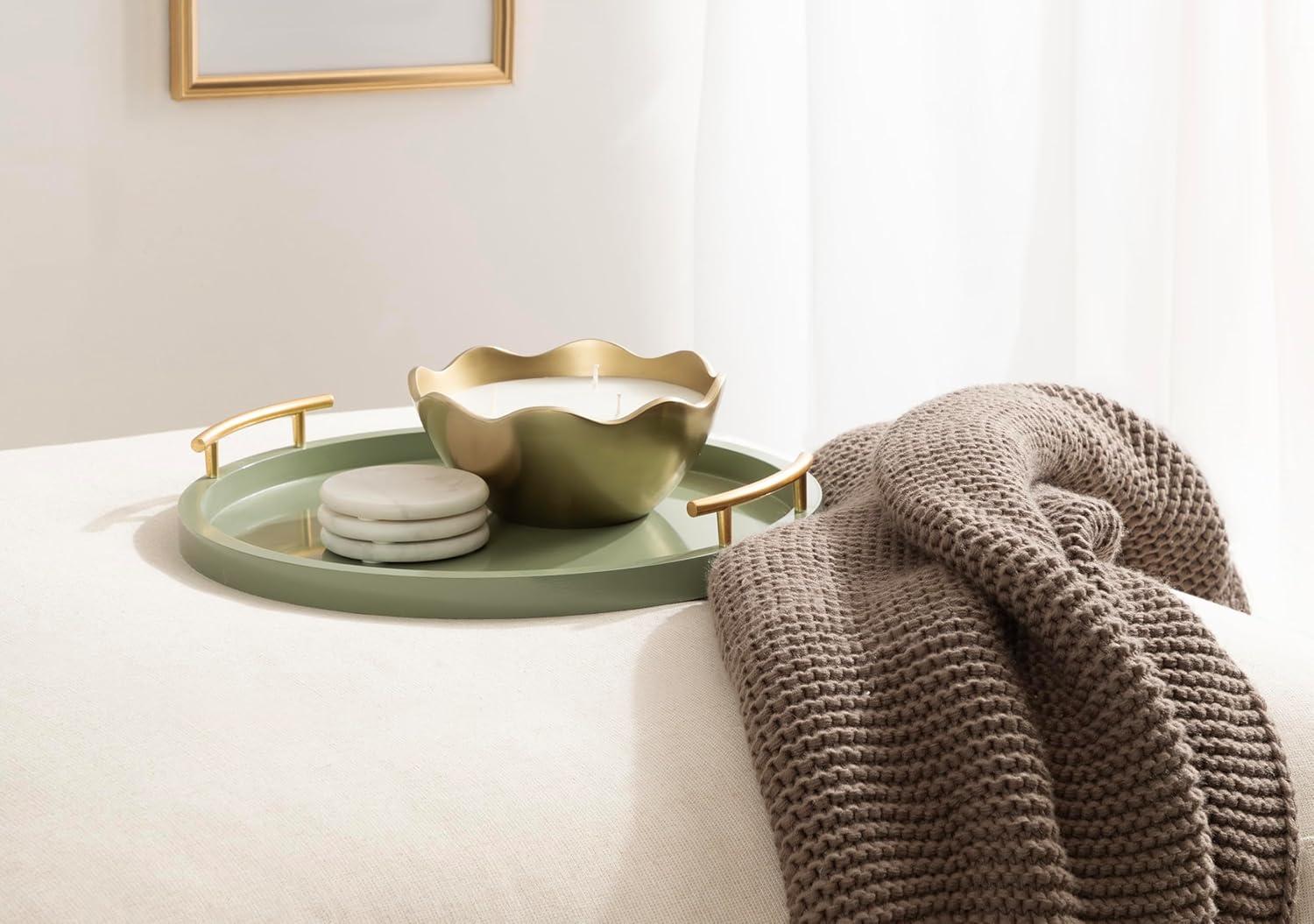 imageKate and Laurel Halsey Decorative Wooden Round Tray with Polished Metal Handles 16 Inch Diameter Black and Gold Modern Glam Wood Circle Serving Tray for Use as Ottoman or Coffee Table DecorGreen