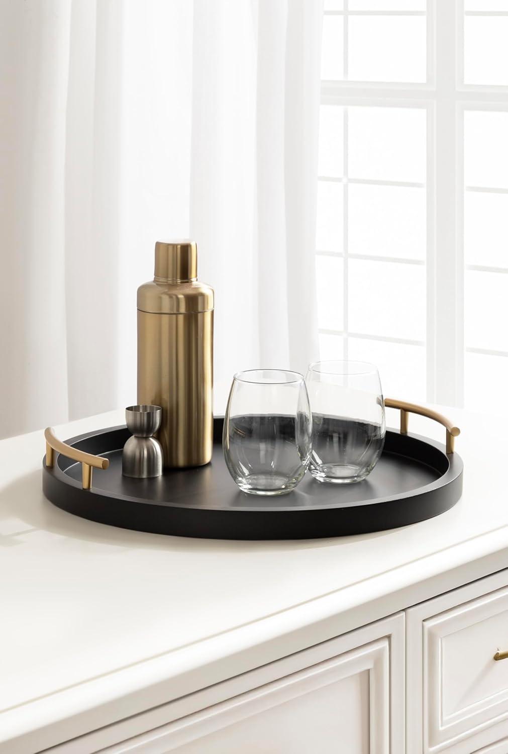 imageKate and Laurel Halsey Decorative Wooden Round Tray with Polished Metal Handles 16 Inch Diameter Black and Gold Modern Glam Wood Circle Serving Tray for Use as Ottoman or Coffee Table DecorBlackGold