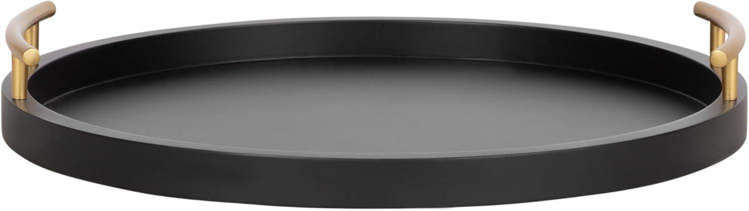 imageKate and Laurel Halsey Decorative Wooden Round Tray with Polished Metal Handles 16 Inch Diameter Black and Gold Modern Glam Wood Circle Serving Tray for Use as Ottoman or Coffee Table DecorBlackGold