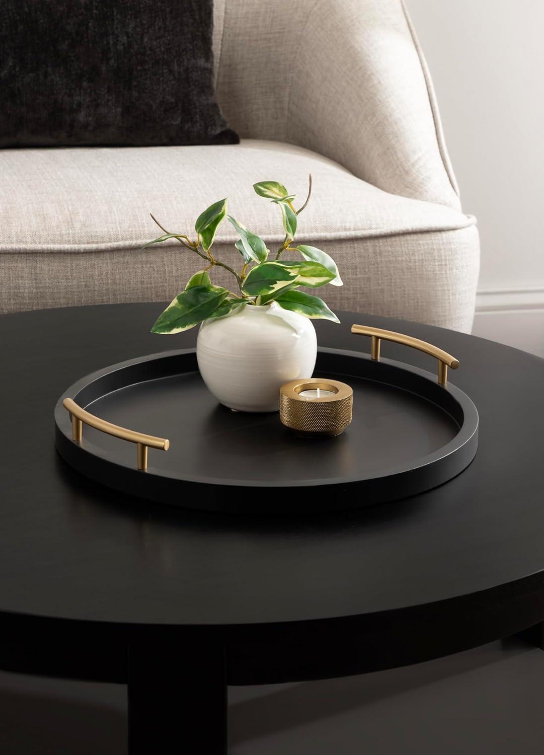 imageKate and Laurel Halsey Decorative Wooden Round Tray with Polished Metal Handles 16 Inch Diameter Black and Gold Modern Glam Wood Circle Serving Tray for Use as Ottoman or Coffee Table DecorBlackGold