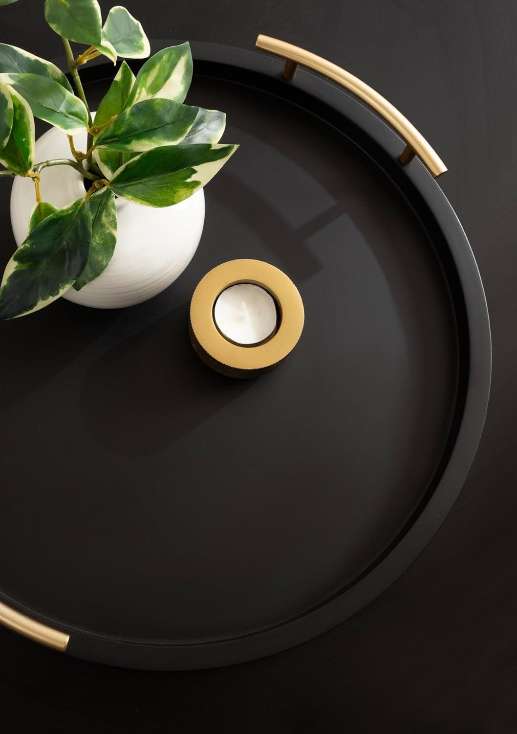 imageKate and Laurel Halsey Decorative Wooden Round Tray with Polished Metal Handles 16 Inch Diameter Black and Gold Modern Glam Wood Circle Serving Tray for Use as Ottoman or Coffee Table DecorBlackGold