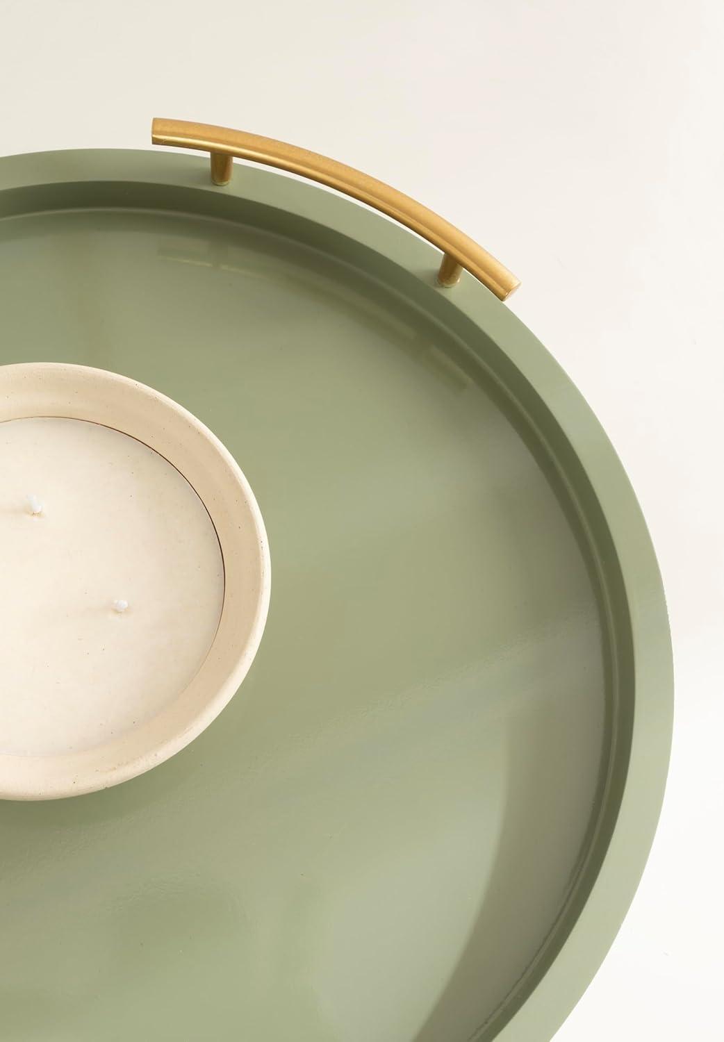 imageKate and Laurel Halsey Decorative Wooden Round Tray with Polished Metal Handles 16 Inch Diameter Black and Gold Modern Glam Wood Circle Serving Tray for Use as Ottoman or Coffee Table DecorGreen