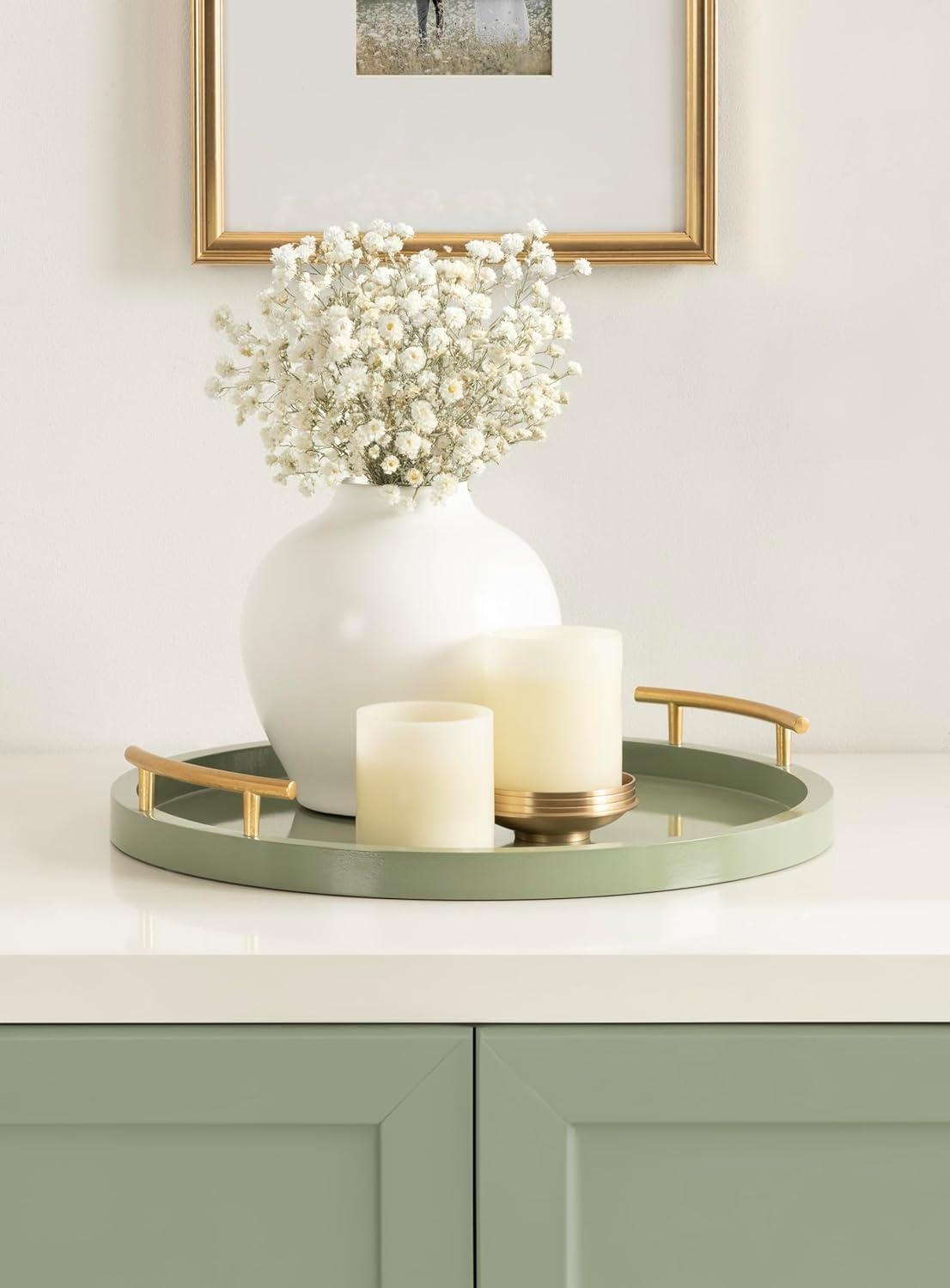 imageKate and Laurel Halsey Decorative Wooden Round Tray with Polished Metal Handles 16 Inch Diameter Black and Gold Modern Glam Wood Circle Serving Tray for Use as Ottoman or Coffee Table DecorGreen