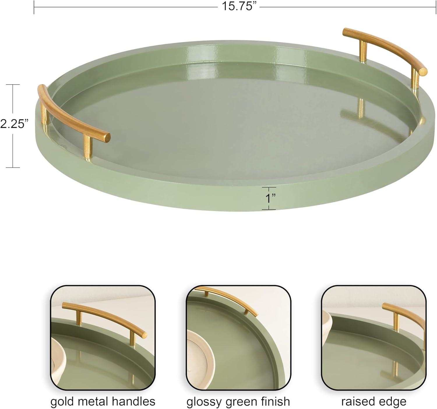 imageKate and Laurel Halsey Decorative Wooden Round Tray with Polished Metal Handles 16 Inch Diameter Black and Gold Modern Glam Wood Circle Serving Tray for Use as Ottoman or Coffee Table DecorGreen