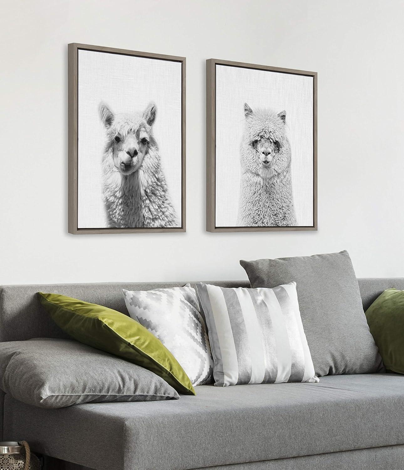 imageKate and Laurel Sylvie Alpaca Portrait and Hairy Alpaca Framed Canvas Wall Art by Simon Te of Tai Prints 18x24 Gray Adorable Animal Art Decor