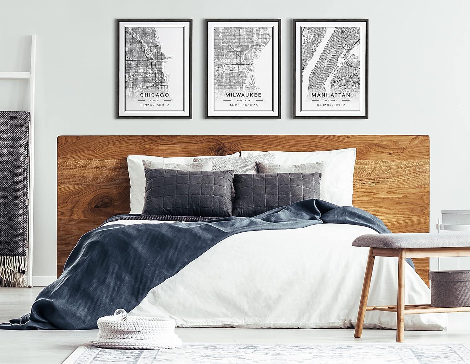 imageKate and Laurel Sylvie Chicago Modern Map Framed Canvas Wall Art by Jake Goossen 18x24 Gray Decorative Map Art for Wall